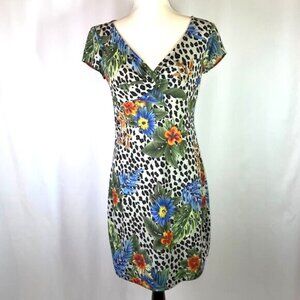 BCBG Tropical Floral Leopard Print Dress Size M L Short Cap Sleeves V Neck